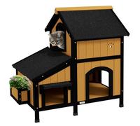 PawHut Maison pour Chats en Bois de Sapin - Niche à Plusieurs Entrées, 2 Étages pour l'Extérieur - Abri pour Petits Animaux avec Toit en Asphalte, Bac à Fleurs, Résistant