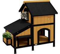 PawHut maison pour chats en bois, niche pour chats avec plusieurs entrées, 2 étages, grotte pour chats pour l'extérieur, maison pour petits animaux avec toit en asphalte, bac à fleurs, pour chats jusq