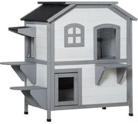 PawHut maison pour chats en bois, niche pour chats d'extérieur avec escalier, 2 étages, maison pour petits animaux pour chats jusqu'à 4,5 kg, blanc, 78 x 55,5 x 91 cm