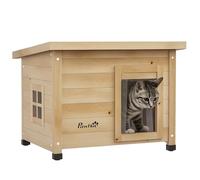 PawHut Maison pour Chats Niche d'extérieur en Bois surélevée avec Toit Asphalte, Porte avec Rideau, fenêtre, 57 x 45 x 43 cm Jaune