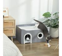 PawHut Maison pour Chats Pliable avec Griffoir 3 Entrées Boule Suspendue Coussin Réversible en Peluche et Tissu Type Lin 60x40x34 cm Gris