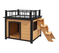 PawHut Maison pour Chien avec Balcon et escalier Jaune 121x77x78cm | Maison surélevée pour petits animaux, fenêtre, niche pour chiens petits et moyens, bois de sapin
