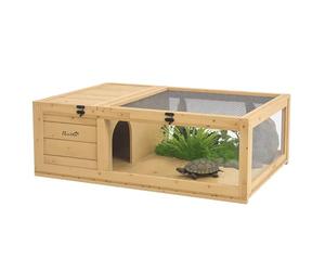 PawHut Maison pour Tortues de Terre avec Espace modulable - Habitat 2 Zones, Toit ouvrable - enclos et Cage en Bois intérieur extérieur pour Reptiles, 91x60,5x32cm Jaune Clair
