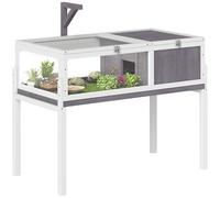 PawHut Maison pour Tortues, enclos en Bois surélevé intérieur extérieur, 2 espaces, Support de Lampe, Toit ouvrable, Plateau Coulissant et Bol d'alimentation, pour Petits Reptiles, 104x53x82cm, Gris