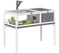 PawHut Maison pour tortues, enclos en bois surélevé intérieur extérieur, 2 espaces, support de lampe, toit ouvrable, plateau coulissant et bol d'alimentation, pour petits reptiles, 104x53x82cm, gris