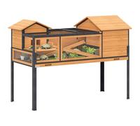PawHut Maison pour Tortues, Habitat en Bois à 2 étages avec 2 Chambres, enclos intérieur extérieur avec rampes, Toit ouvrable et Plateau, Grande Cage pour Reptiles, 128x63x96cm, Jaune