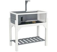 PawHut Maison pour Tortues sur Pieds à 2 Zones - Terrarium Tortue terrestre avec Toit ouvrant et Zone Interactive - enclos 90 cm, Support Lampe, Vue panoramique et étagère - Gris