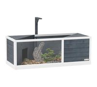 PawHut Maison pour Tortues XL 120 cm - Terrarium Tortue terrestre en Bois, 2 niches à Toit ouvrant et Aire de Jeu Ouverte - enclos avec Support Lampe et fenêtre panoramique, Gris