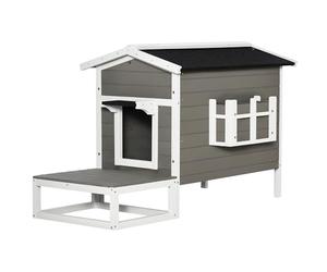 PawHut Maisonnette pour Chats Niche extérieure surélevé avec terrasse étanche en Bois, dim. 115L x 66,5l x 74,7H cm, Gris