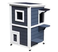 PawHut Maisonnette pour Chats sur 2 étages en Bois avec 4 Pieds - intérieur et extérieur - Toit Rabattable - 51 x 51 x 81,3 cm - Blanc et Gris