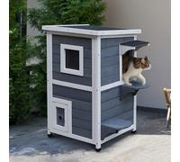 PawHut Maisonnette pour chats sur 2 étages en bois intérieur et extérieur toit rabattable 51 x 51 x 81,3 cm blanc et gris