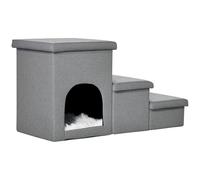 PawHut Marchepieds pour chien, escalier à 3 marches avec niche pour chaton et 2 boîtes de rangement, rampe 3 en 1 pour chien avec coussin en peluche lavable, gris clair