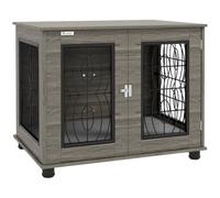 PawHut Meuble Cage Chien avec Coussin pour Chiens Moyens 80x56x63cm Gris | Porte verrouillable, cage métal pour intérieur, maison chien jusqu'à 20 kg, table d'appoint