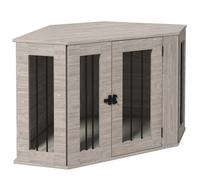PawHut Meuble Cage Chien d'angle pour Chiens Moyens 104x55x63cm Noyer | Cage chien 104cm pour maison, maison chien moderne avec coussin, verrouillable, jusqu'à 20 kg