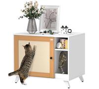 PawHut Meuble litière pour chats avec porte avec coussin à gratter et compartiment litière pour chats pour salon chambre 77 x 50 x 63 cm Blanc