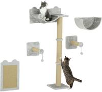 PawHut Mur d'escalade pour chats 5 pièces Grimper Arbre à chat avec poteau griffoir, hamac, plateforme de saut, arbre à chat mural, meuble mural pour chats jusqu'à 5 kg, polyester, gris clair