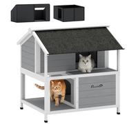 PawHut Niche Chat Bois Hiver Gris 80x93x95cm | Niche isolée, toit ouvrant, coussin amovible, maison chat, caisse, pour lapins
