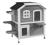PawHut Niche Chat Extérieur en Bois Massif à 2 Étages, Maison Chat avec Toit Ouvrant Bitumé, 3 Plateformes, Plusieurs Entrées et Sol Surélevé, 99,5 x 76 x 91 cm, Gris