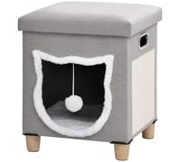 PawHut Niche Chat Interieur Maison Chat Interieur 2 en 1 avec Pied en Bois, Coussin Amovible Lavable, Balle Suspendu, Tapis griffoir et poignées, Repose-Pieds antidérapant, Gris