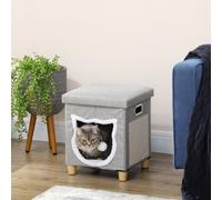 PawHut Niche chat interieur maison chat interieur 2 en 1 pied en bois coussin amovible lavable balle, 35,5x35,5x42,5cm, gris