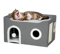 PawHut Niche Chat Interieur Pliable avec Griffoir, Lit Surélevé, 3 Entrées, Jouet Suspendu, Lit d'Intérieur pour Chat avec Coussin Réversible en Peluche et Tissu de Lin, 60 x 40 x 34 cm, Gris