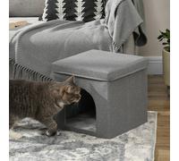 PawHut Niche Chat Maison Cube Pliable avec Griffoir, Plateau et Coussin Moelleux en Tissu Lin 36,5cm Gris | Aosom France