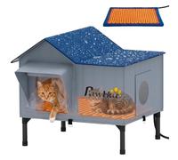 PawHut Niche Chauffante pour Chat Extérieur Imperméable Base Surélevée 5cm | Maison Isolée, Coussin Chauffant 55°C, Abri d'Hiver, Résistant aux Intempéries, pour Chats Errants au Jardin, Gris Clair