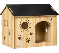 PawHut Niche en bois pour petits animaux avec ouvertures d'aération Maison pour chien avec toit Caverne pour chien Indoor MDF chêne+noir 69 x 50 x 58,5 cm