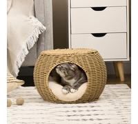 PawHut Niche Panier Résine Tressée Imitation Rotin Coussin Doux Marron Clair Ø 40x30cm pour Chat | Aosom France