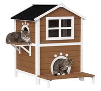 PawHut Niche pour Chat en Bois avec fenêtre, Balcon, résistante aux intempéries, avec 2 Niveaux, Fond Amovible, pour 1 à 2 Chats, intérieur, extérieur, 66 x 66 x 90 cm, Marron