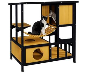 PawHut Niche pour chat en bois - Niche d'extérieur pour chat avec pont suspendu, balcon, plate-forme, toit imperméable, pour 1 à 2 chats jusqu'à 5 kg, jaune