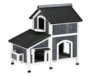 PawHut Niche pour chat en bois - Résistante à l'hiver - Avec plusieurs entrées - 2 étages - Niche pour chat pour l'extérieur - Avec toit en asphalte - Jardinière pour l'extérieur - 96 x 65 x 85,5 cm