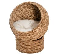 PawHut Niche pour chat en osier avec base cylindrique, coussin doux lavable, panier en jacinthe d'eau tissée pour intérieur et extérieur, 42 x 33 x 52 cm, marron
