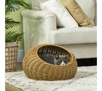 PawHut Niche pour chat lit panier de chat en résine tressée imitation rotin coussin doux déhoussable Ø 50 x 31H cm marron