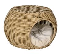 PawHut Niche pour Chat lit pour Chat Panier Chat masion de Chat en résine tresée Imitation rotin Coussin Doux Ø 40 x 30 cm Marron Clair
