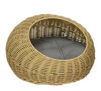 PawHut Niche pour Chat lit pour Chat Panier de Chat en résine tressée Imitation rotin Coussin Doux déhoussable Ø 50 x 31H cm Marron Clair