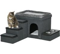 PawHut niche pour chats niche pour chats avec escalier, maison pour chats avec 2 écuelles en inox, lit pour chats, maison pour chiens avec coussin, pour chats, chiens jusqu'à 8 kg, polyester, 78 x 48 