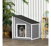 PawHut Niche pour Chien en Bois Massif, Résistant aux Intempéries, Toit en Asphalte, 71 cm x 58 cm x 77 cm, Gris + Blanc