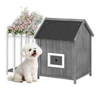 PawHut Niche pour Chien extérieur en Bois, avec terrasse et barrière, Maison Chien extérieur, Porte à lamelles et Toit Pointu en Bitume, pour Jardin, Cours, Veranda, Patio,106 x 62,5 x 80,5 cm, Gris
