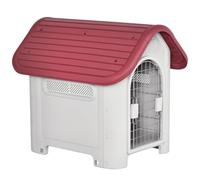 PawHut Niche pour Chien extérieur et intérieur, Double Porte en métal et Multi-Ventilation - Maison pour Chien en polypropylène imperméable - abri Jardin pour Petite Taille, Rouge et Gris Clair
