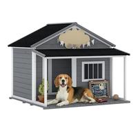 PawHut Niche pour Chien Extérieur Style Cabane en Bois, 124x112x105cm - Grande Niche avec Terrasse et Toit Bitumé Imperméable - Abri pour Chien de Taille Moyenne et Grand jusqu'à 24 kg, Gris
