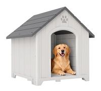 PawHut Niche pour Chiens d'extérieur, Niche pour Grands Chiens en Plastique imperméable avec 2 fenêtres, Base surélevée, piquets, Facile à Monter, 88 x 79 x 89 cm, Gris