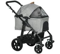 PawHut No-Zip Poussette pour animal domestique Design 2 en 1 Sac de transport amovible pour chien et chat Poussette de voyage pliable avec système d'absorption des chocs Panier de frein Guidon réglable Laisse de sécurité Gris