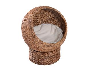 PawHut Panier à Chat en Rotin Nid de Chat Cabane pour Chat Lit pour Chat avec Coussin Lit pour Animaux Jonc d'Eau Marron Clair 50 x 42 x 60 cm