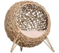 PawHut Panier Chat lit surélevé Chat Cosy Niche Grotte Grand Confort dim. Ø 52 x 58H cm Coussin Moelleux Inclus résine tressée Imitation rotin Beige
