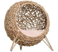PawHut Panier Chat lit surélevé Chat Cosy Niche Grotte Grand Confort dim. Ø 52 x 58H cm Coussin Moelleux Inclus résine tressée Imitation rotin Beige