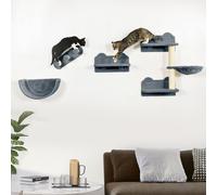 PawHut Parcours Mural Complet pour Chats 4 Pièces avec Griffoir, Hamac et Plateformes en Sisal et Peluche Grise | Aosom France