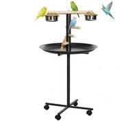 PawHut Perchoir Perroquet Mangeoire à Oiseaux sur Pied Ø 60 x 111 cm Gris | 4 Roulettes, Barres en Bois, 2 Mangeoires en Acier Inoxydable, Plateau Rond à Bords Hauts