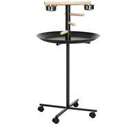PawHut Perchoir Perroquet mangeoire à Oiseaux sur Pied avec 4 roulettes, Barres en Bois, 2 mangeoires en Acier Inoxydable, Plateau Rond à Bords Hauts, Ø 60 x 111 cm, Gris