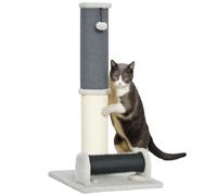 PawHut Poteau griffoir Chat 86 cm, Arbre à Chat 3 en 1, Poteau à griffer avec Grande Base, Tapis à Motif Ananas, Brosse de toilettage et Balle de Jeu, pour intérieur, Gris Clair